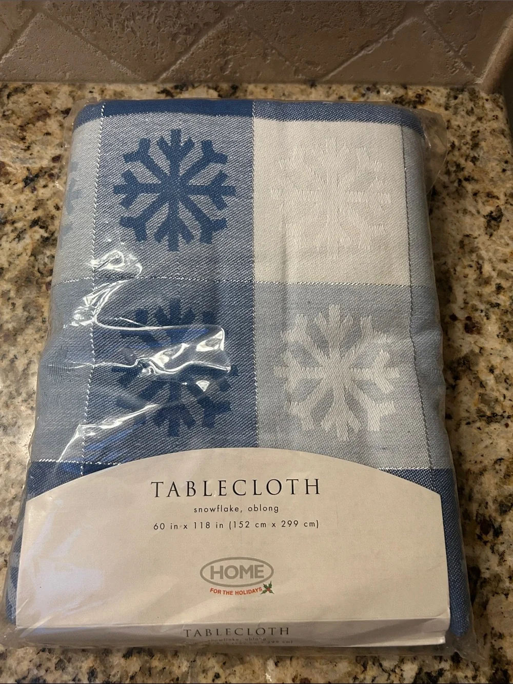 Oblong 60” by 128” Blue and White Snowflake Tablecloth